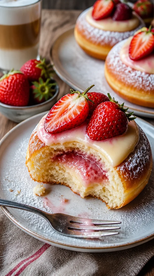 Erdbeer Pudding Donuts frisch gebacken mit einer leckeren Erdbeerfüllung