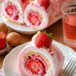Erdbeer-Shortcake-Cheesecake-Rollen auf einem Teller mit frischen Erdbeeren
