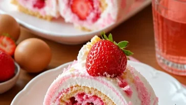 Erdbeer-Shortcake-Cheesecake-Rollen auf einem Teller mit frischen Erdbeeren