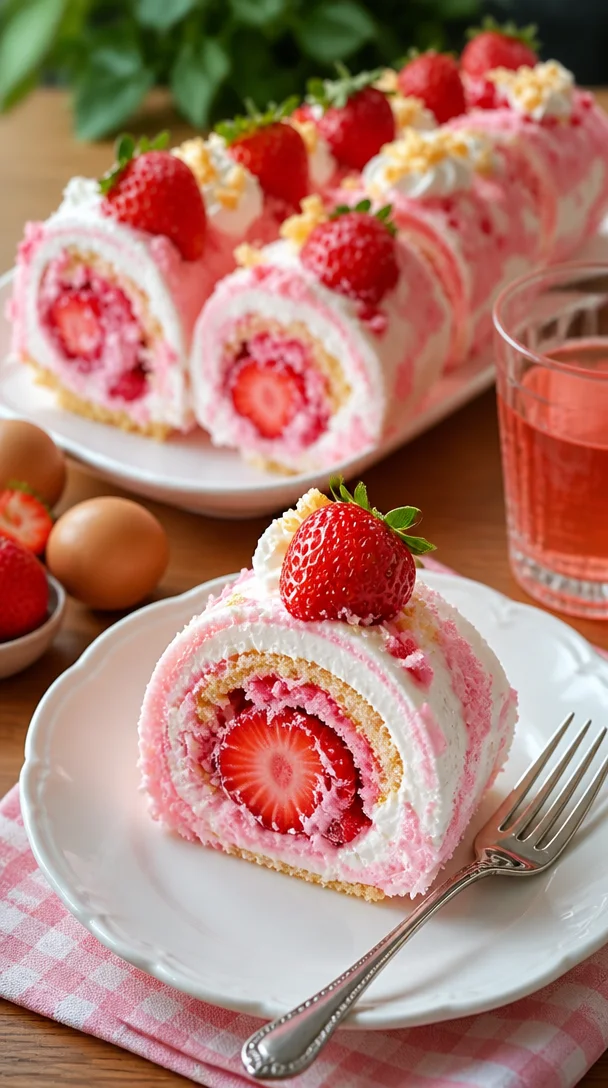 Erdbeer-Shortcake-Cheesecake-Rollen auf einem Teller mit frischen Erdbeeren