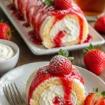 Erdbeer-Shortcake-Cheesecake-Sushi-Rollen auf einem Teller serviert.