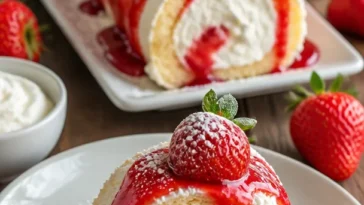 Erdbeer-Shortcake-Cheesecake-Sushi-Rollen auf einem Teller serviert.