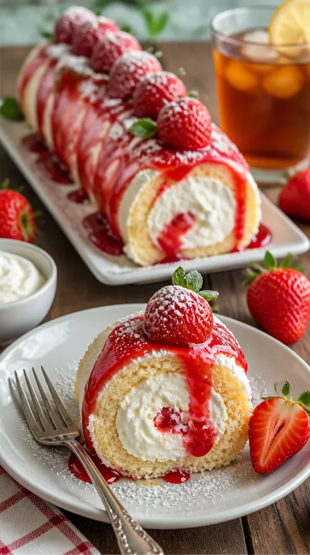 Erdbeer-Shortcake-Cheesecake-Sushi-Rollen auf einem Teller serviert.