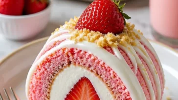Erdbeer-Shortcake-Käsekuchen-Sushi-Rollen auf einem Teller