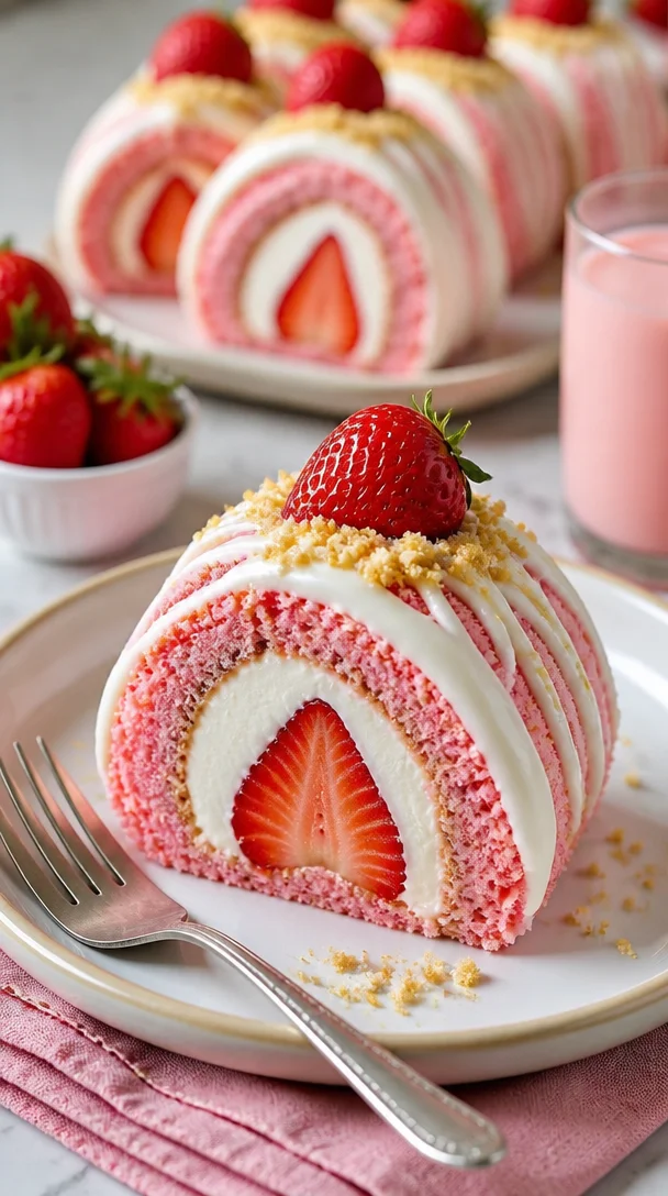 Erdbeer-Shortcake-Käsekuchen-Sushi-Rollen auf einem Teller
