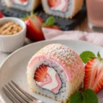 Erdbeer-Shortcake Sushi Rolle mit frischen Erdbeeren und Reis