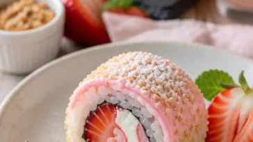Erdbeer-Shortcake Sushi Rolle mit frischen Erdbeeren und Reis