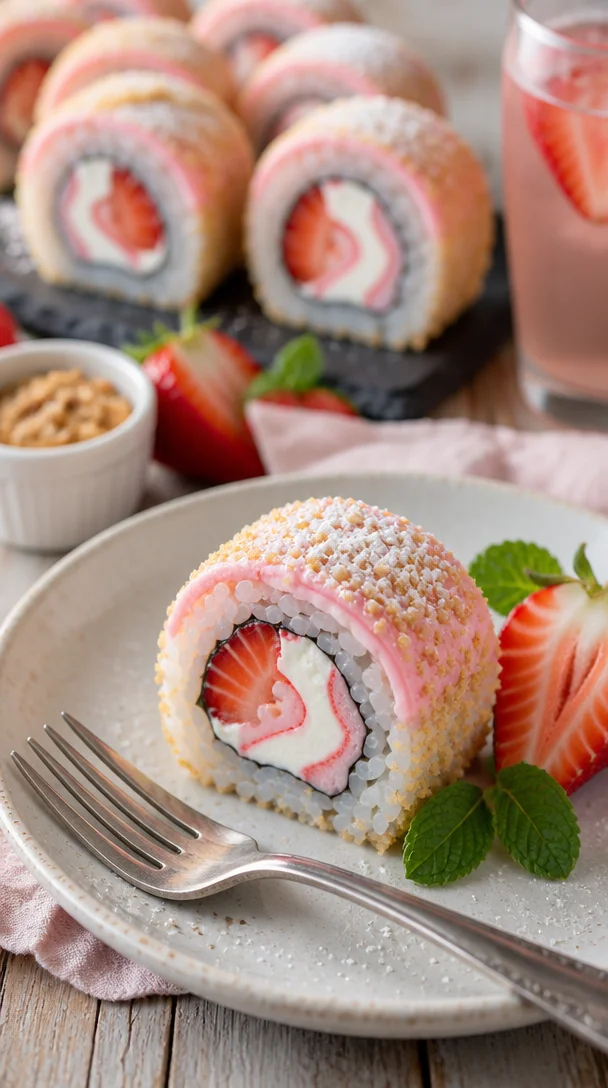 Erdbeer-Shortcake Sushi Rolle mit frischen Erdbeeren und Reis