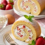 Erdbeer-Shortcake-Sushi-Rollen auf einem Teller dekoriert mit frischen Erdbeeren.