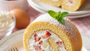 Erdbeer-Shortcake-Sushi-Rollen auf einem Teller dekoriert mit frischen Erdbeeren.