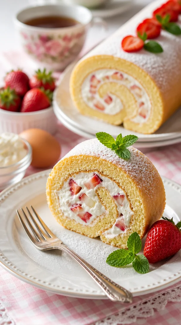 Erdbeer-Shortcake-Sushi-Rollen auf einem Teller dekoriert mit frischen Erdbeeren.