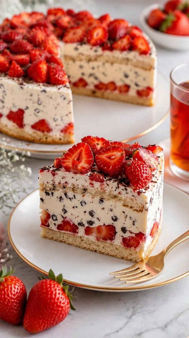 Erdbeer-Stracciatella-Torte auf einem Teller mit frischen Erdbeeren und Schokoladensplittern
