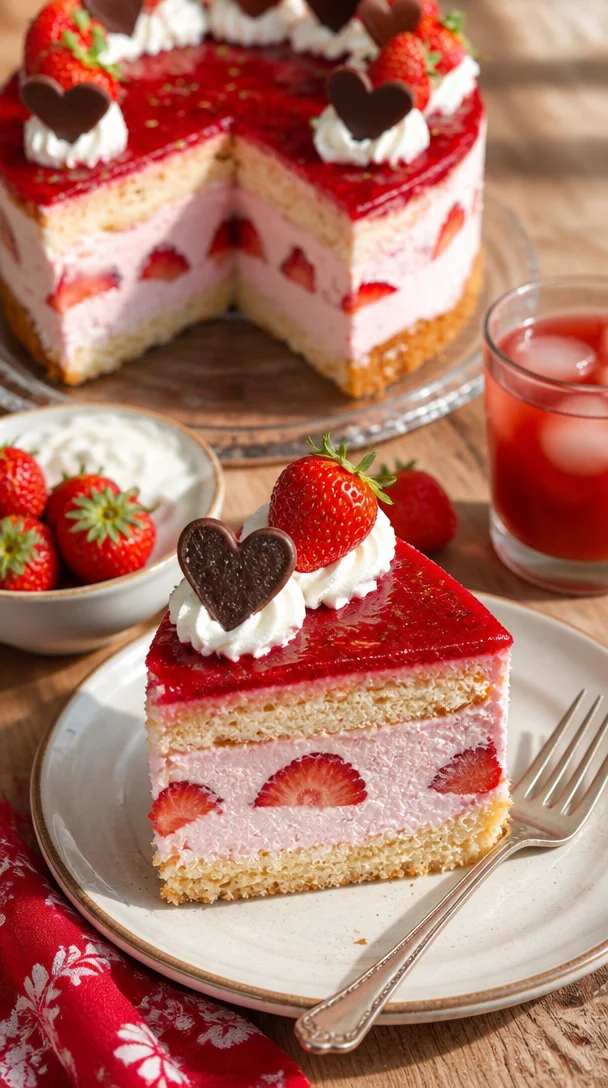 Erdbeertorte mit Joghurtcreme, verziert mit frischen Erdbeeren und Sahne.