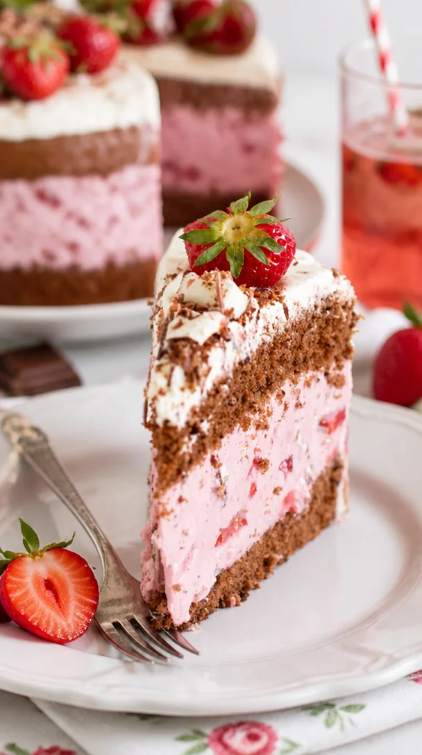 Erdbeertorte mit Yogurette auf einem Tisch serviert