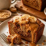 Erdnussbutter-Bananenbrot auf einem Teller mit Bananenscheiben