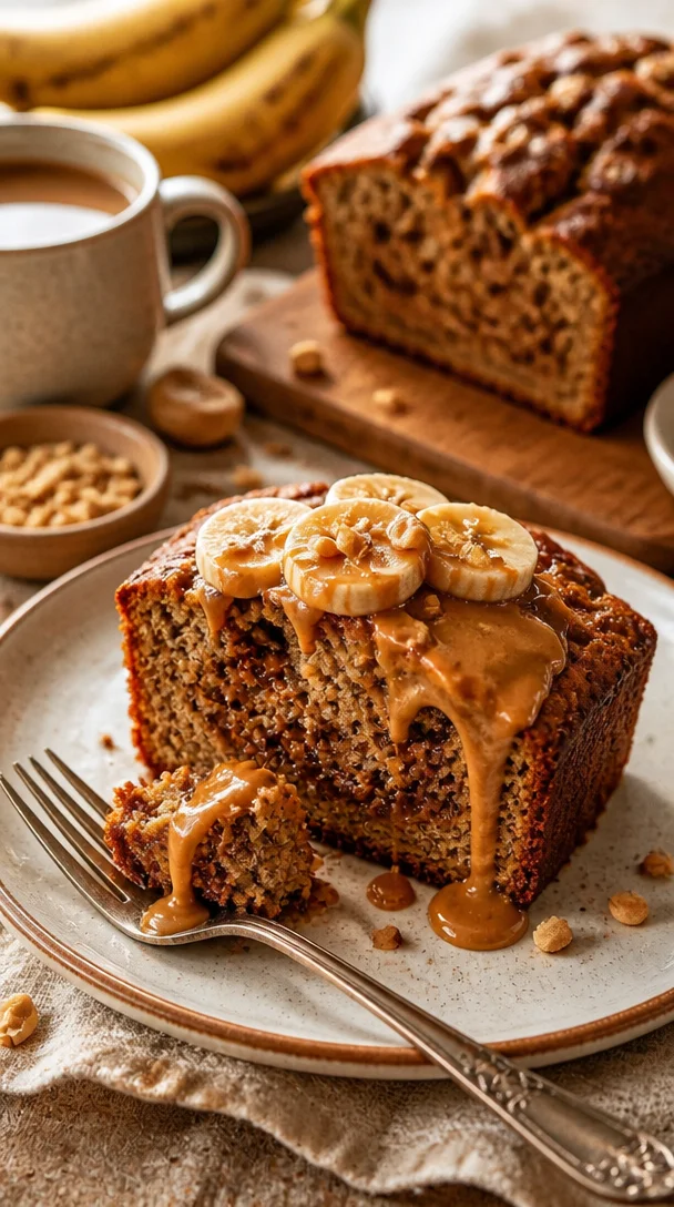 Erdnussbutter-Bananenbrot auf einem Teller mit Bananenscheiben