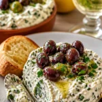 Leckerer Frischkäse-Oliven-Aufstrich in einer Schale mit frischem Brot