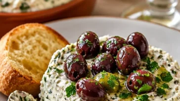 Leckerer Frischkäse-Oliven-Aufstrich in einer Schale mit frischem Brot
