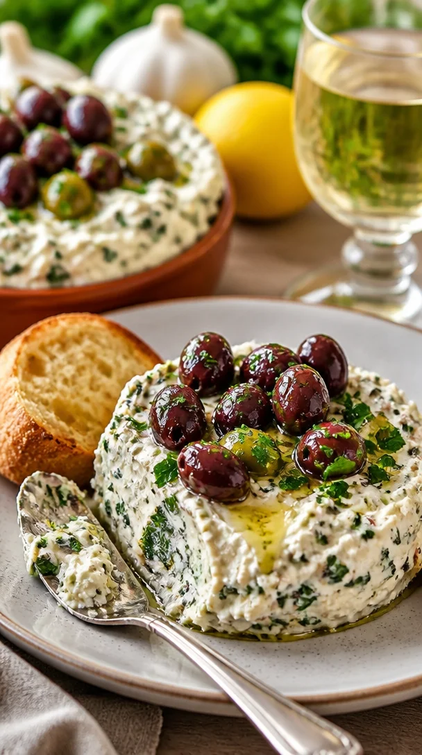 Leckerer Frischkäse-Oliven-Aufstrich in einer Schale mit frischem Brot