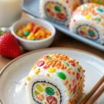 Fruchtige Pebbles Sushi-Rollen mit frischen Zutaten und bunten Belägen.
