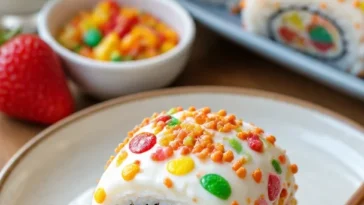Fruchtige Pebbles Sushi-Rollen mit frischen Zutaten und bunten Belägen.