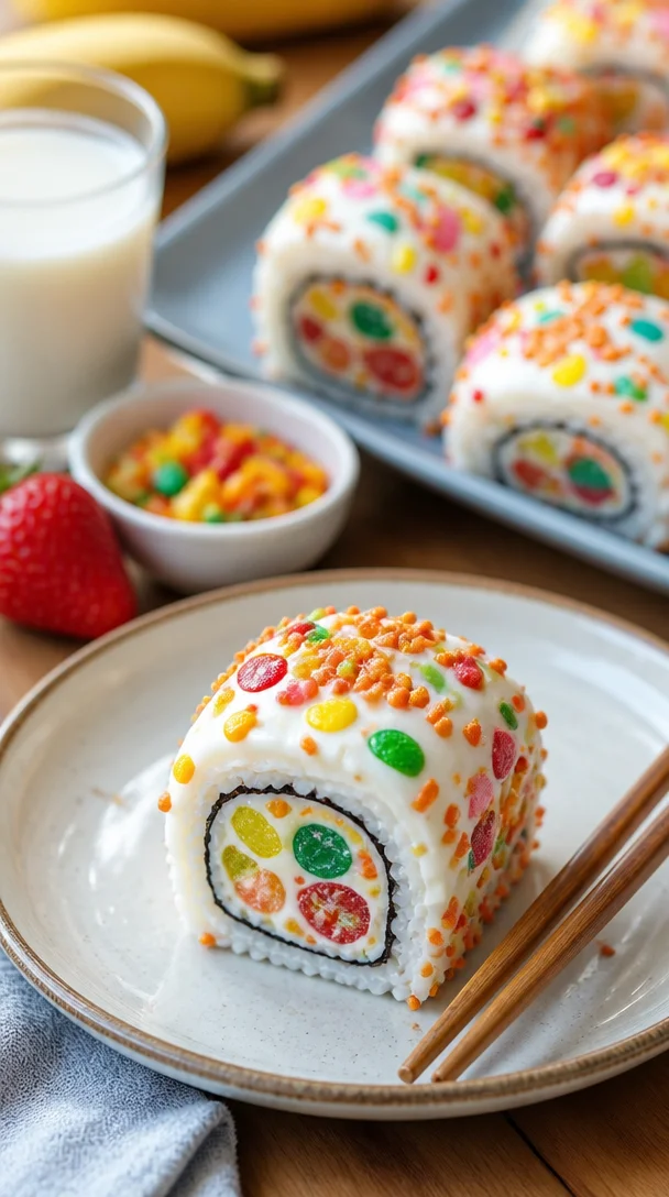 Fruchtige Pebbles Sushi-Rollen mit frischen Zutaten und bunten Belägen.