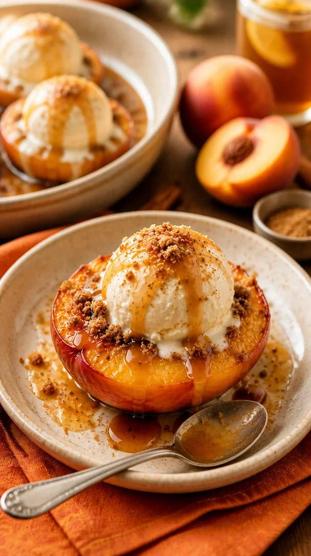 Gebratene Pfirsiche mit Vanilleeis inspiriert von Prinzessin Peach
