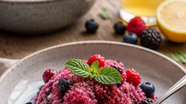 Erfrischendes Gemischtes Beerensorbet in einer modernen Schale serviert