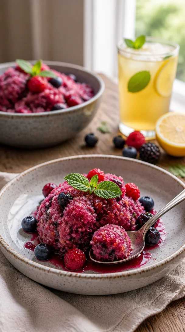 Erfrischendes Gemischtes Beerensorbet in einer modernen Schale serviert