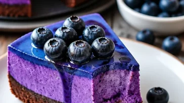 Mitternachts-Blaubeer-Käsekuchen auf einem Teller mit frischen Blaubeeren dekoriert.