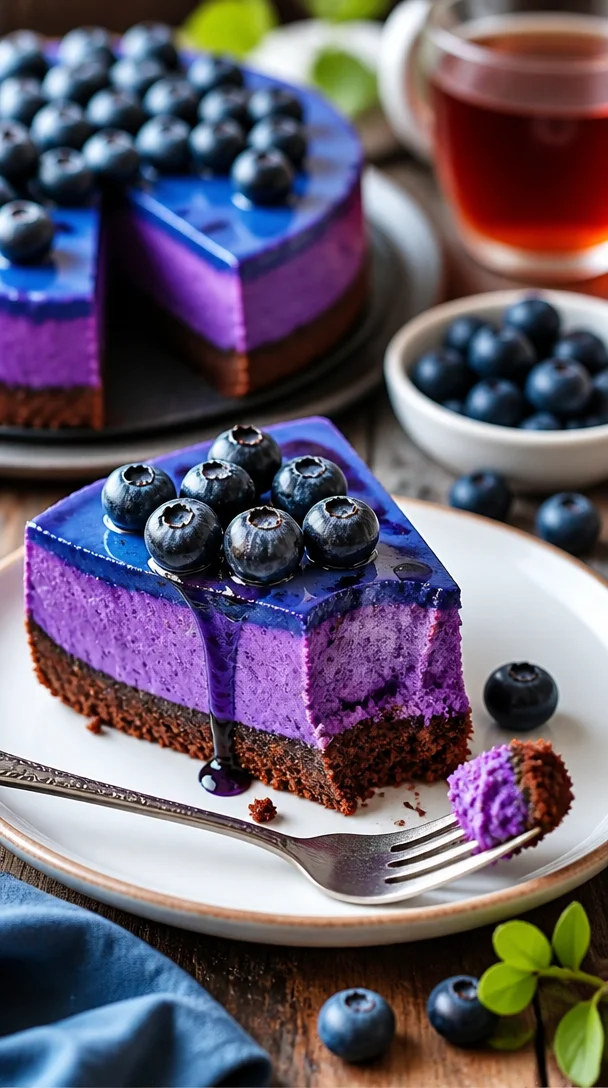 Mitternachts-Blaubeer-Käsekuchen auf einem Teller mit frischen Blaubeeren dekoriert.