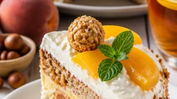 Leckere Giotto-Nuss-Torte mit Schokolade und Nüssen auf einem Teller.