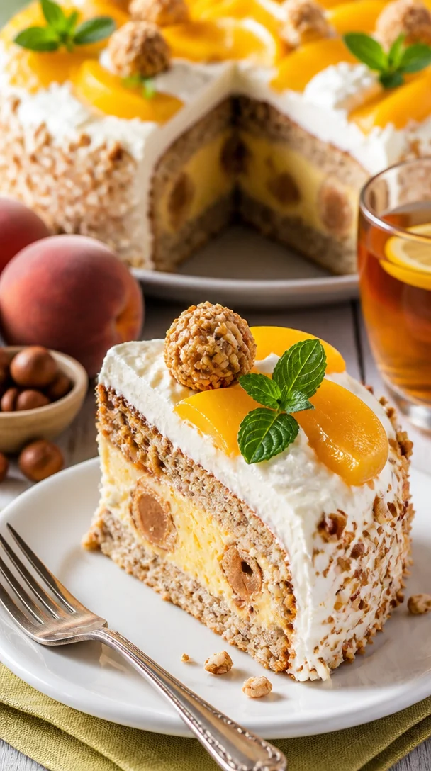 Leckere Giotto-Nuss-Torte mit Schokolade und Nüssen auf einem Teller.