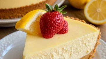 Göttlicher Joghurt-Käsekuchen auf einem Teller mit frischen Beeren