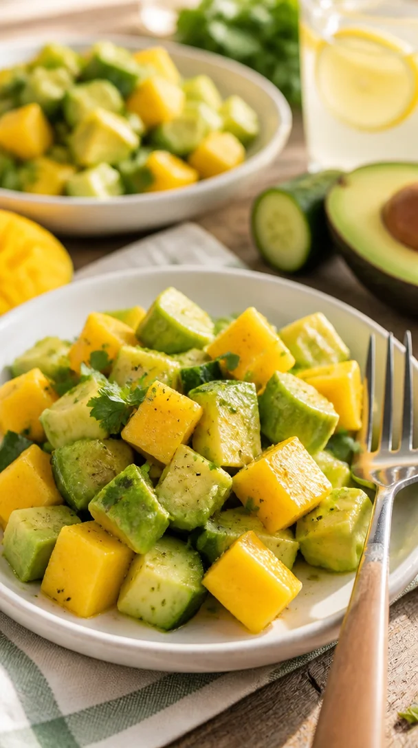 Gurkensalat mit Mango und Avocado auf einem Teller