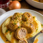 Hackbällchen mit cremiger Sauce und Kartoffelpüree auf einem Teller serviert