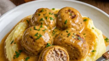 Hackbällchen mit cremiger Sauce und Kartoffelpüree auf einem Teller serviert
