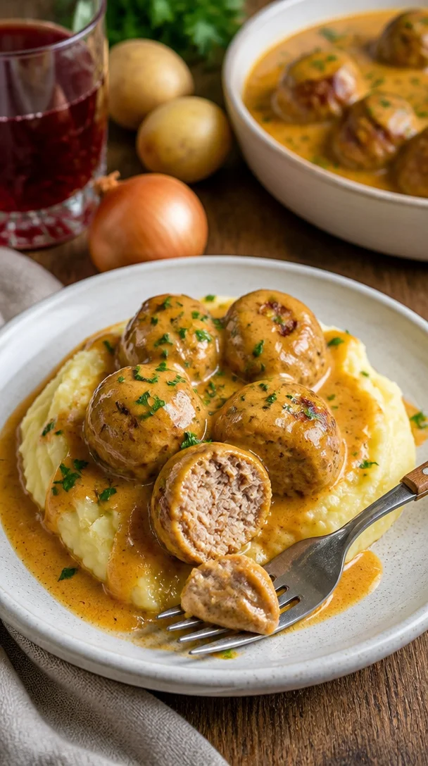 Hackbällchen mit cremiger Sauce und Kartoffelpüree auf einem Teller serviert