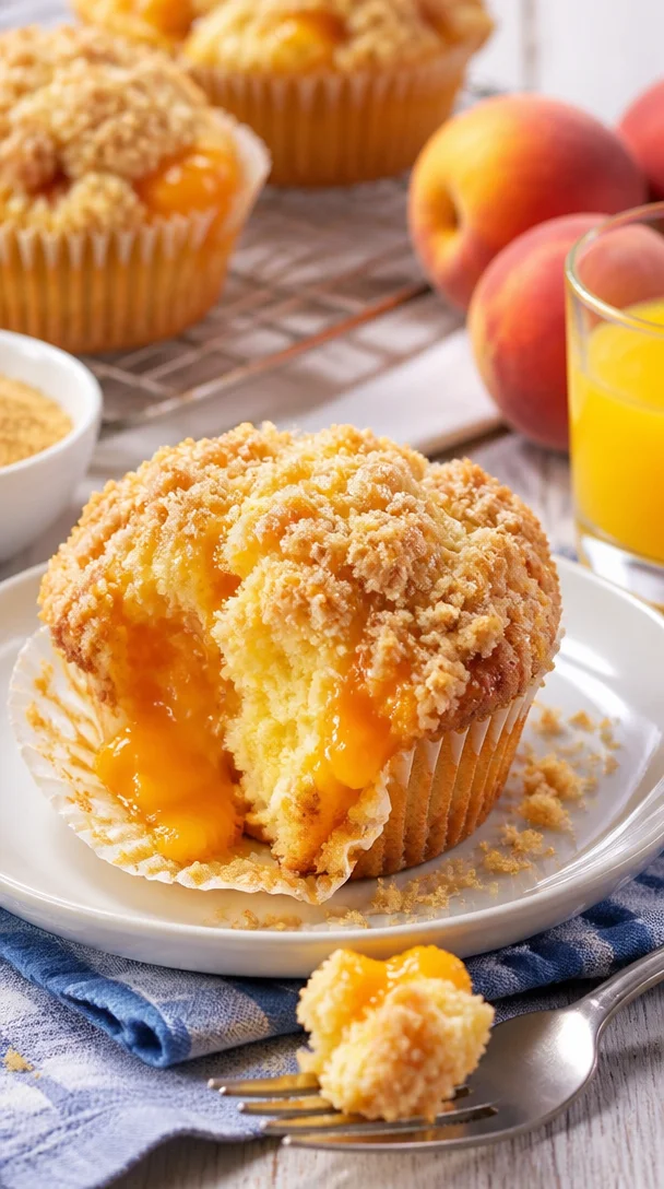 Hausgemachte Pfirsich-Cobbler-Muffins frisch aus dem Ofen