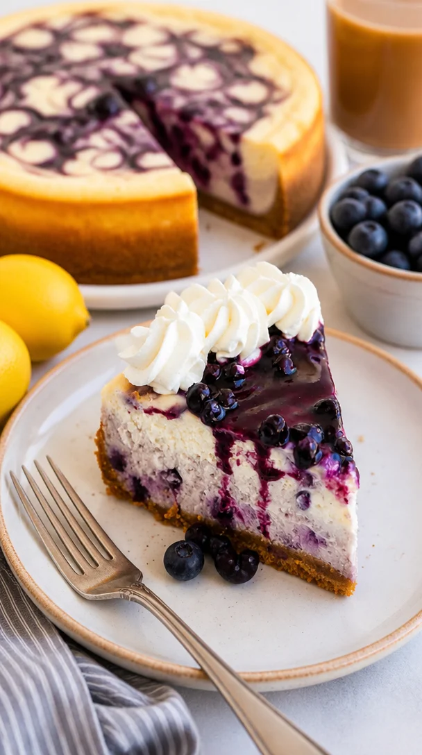 Hausgemachter Blaubeerkäsekuchen mit frischen Blaubeeren auf einem Teller