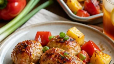 Hawaiian Chicken Blechgericht mit Ananas und Gemüse im Ofen zubereitet.