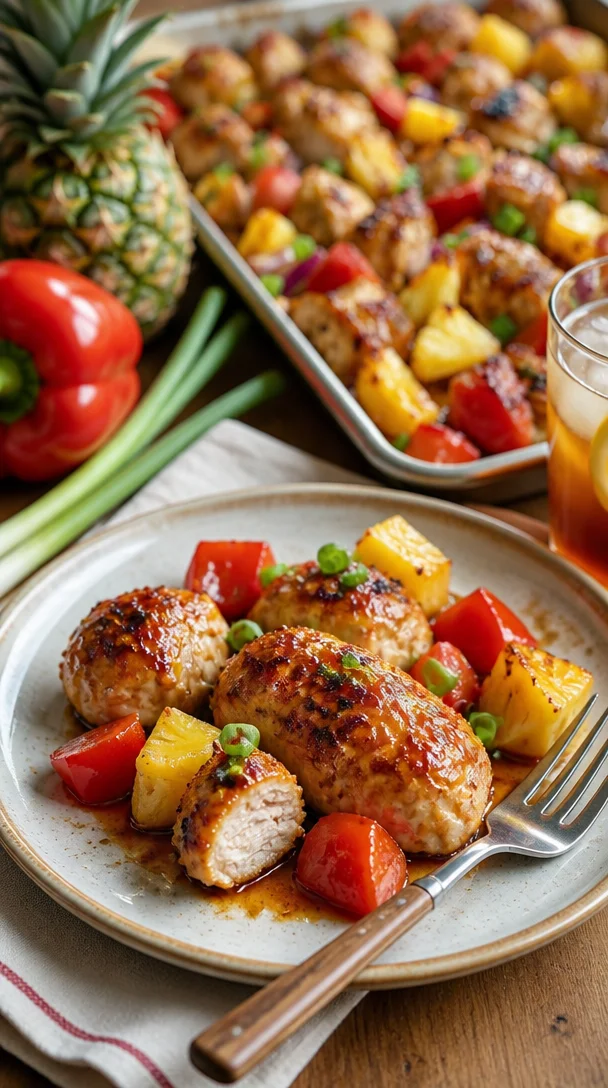 Hawaiian Chicken Blechgericht mit Ananas und Gemüse im Ofen zubereitet.
