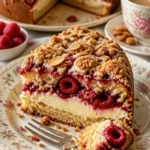 Himbeer-Almond-Creme-Käsekuchen mit frischen Himbeeren und Mandeln