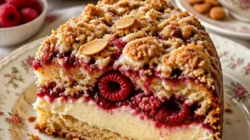 Himbeer-Almond-Creme-Käsekuchen mit frischen Himbeeren und Mandeln