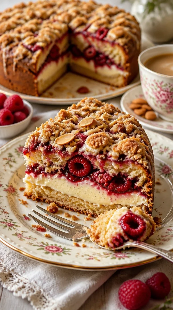 Himbeer-Almond-Creme-Käsekuchen mit frischen Himbeeren und Mandeln
