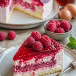Himbeer-Joghurt-Torte mit frischen Himbeeren und Joghurtcreme dekoriert.