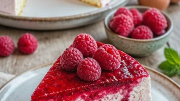 Himbeer-Joghurt-Torte mit frischen Himbeeren und Joghurtcreme dekoriert.