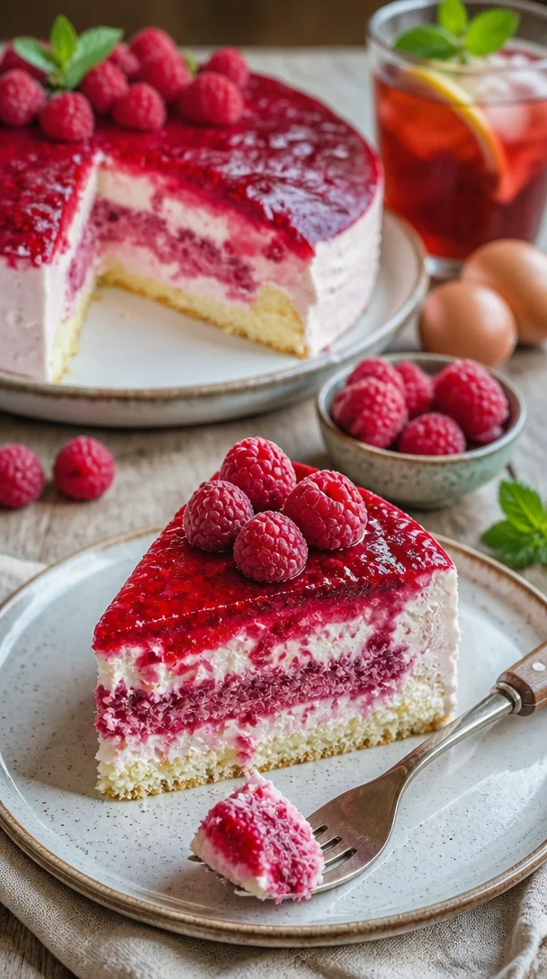 Himbeer-Joghurt-Torte mit frischen Himbeeren und Joghurtcreme dekoriert.