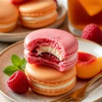 Himbeer-Pfirsich-Macarons auf einem eleganten Teller präsentiert