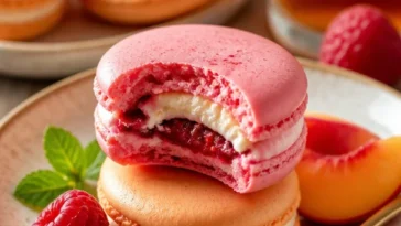 Himbeer-Pfirsich-Macarons auf einem eleganten Teller präsentiert